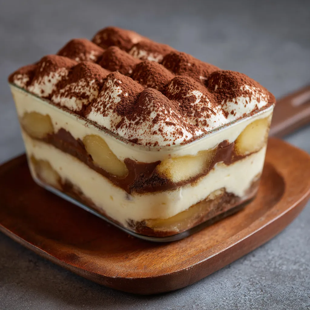 Tiramisu chocolat et poires en verrine, décoré de cacao en poudre et copeaux de chocolat.