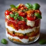 Tiramisu salé tomates mozzarella présenté en verrine avec basilic frais