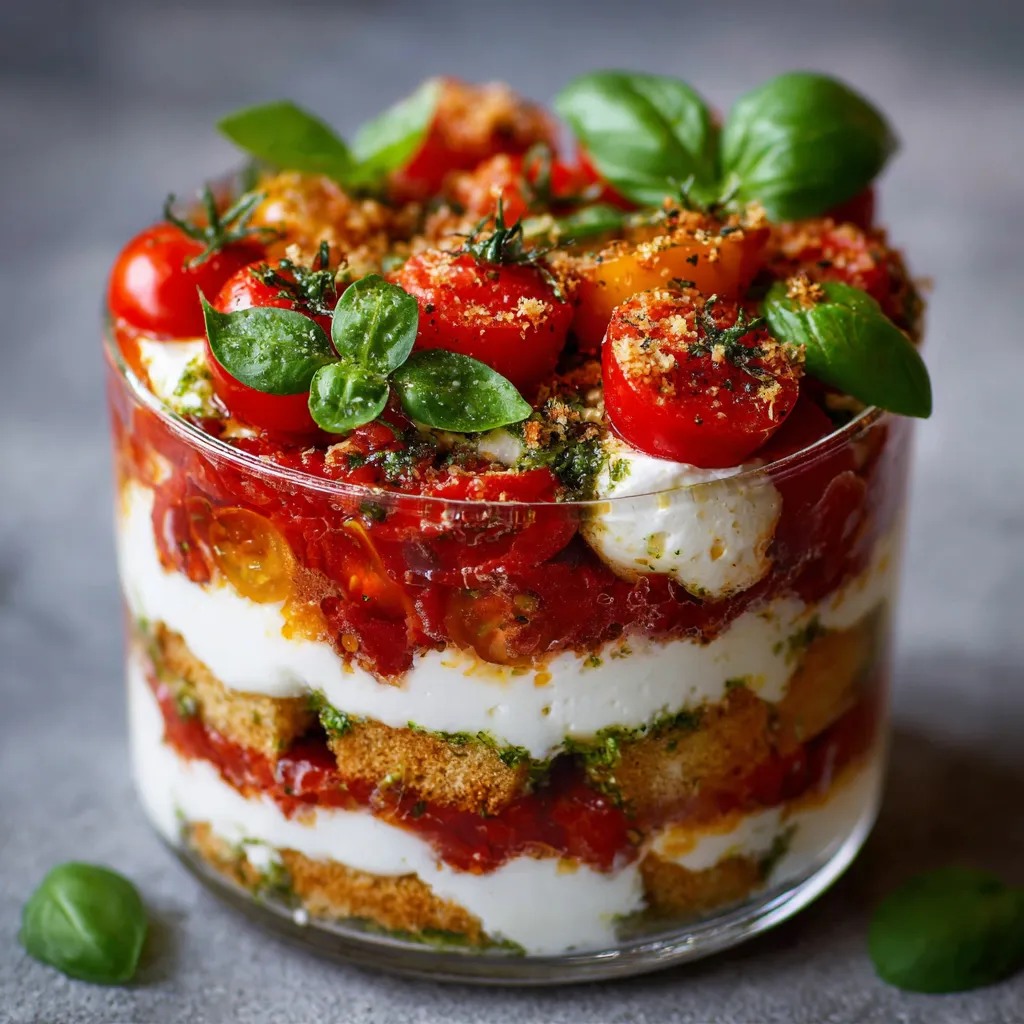 Tiramisu salé tomates mozzarella présenté en verrine avec basilic frais