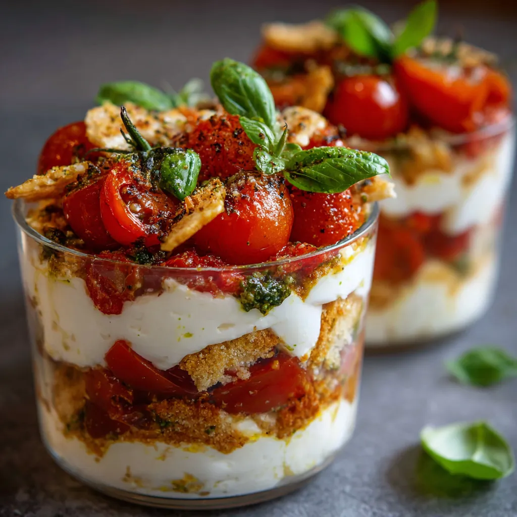 Tiramisu salé tomates mozzarella présenté en verrine avec basilic frais