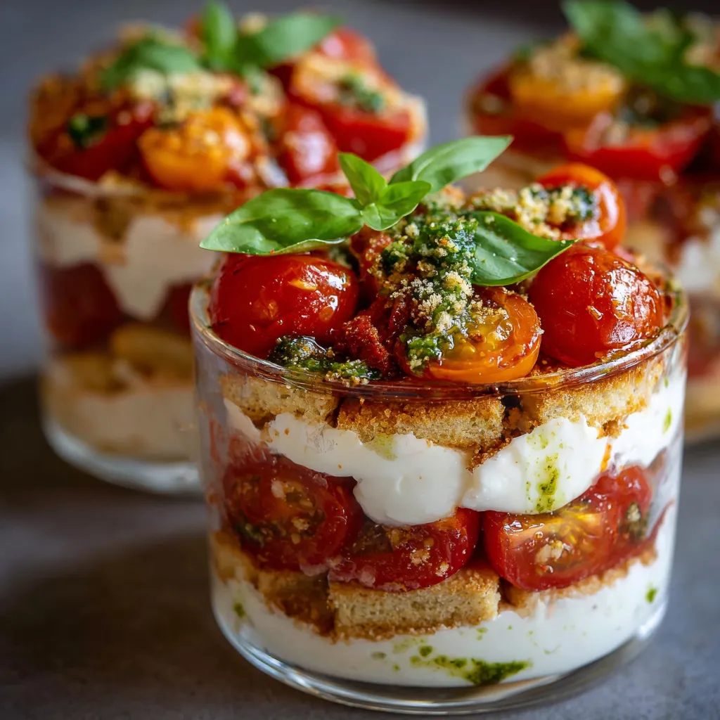 Tiramisu salé tomates mozzarella présenté en verrine avec basilic frais