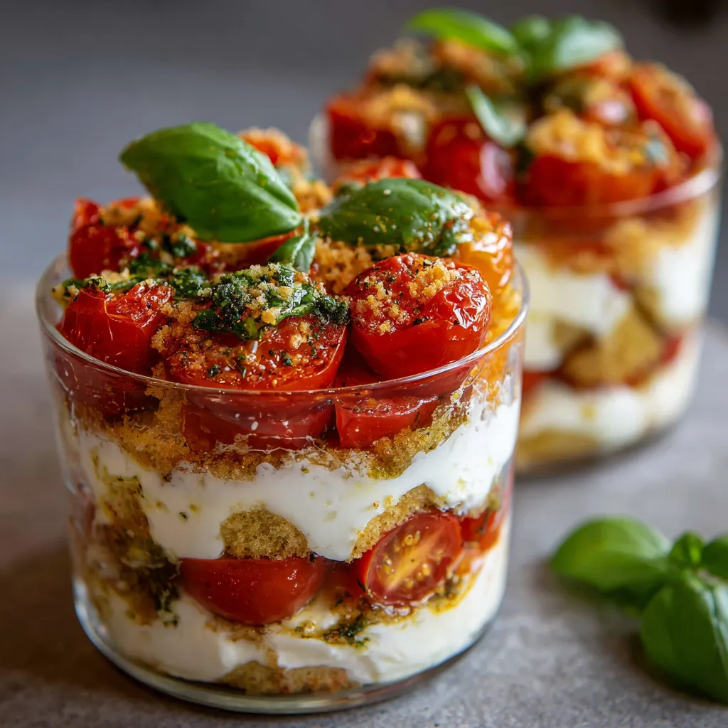 Tiramisu salé tomates mozzarella présenté en verrine avec basilic frais