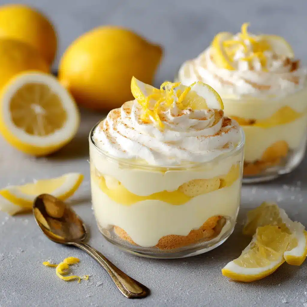 Vue en coupe d’un tiramisu au citron sans cuisson, aux couches visibles de crème au mascarpone et de lemon curd