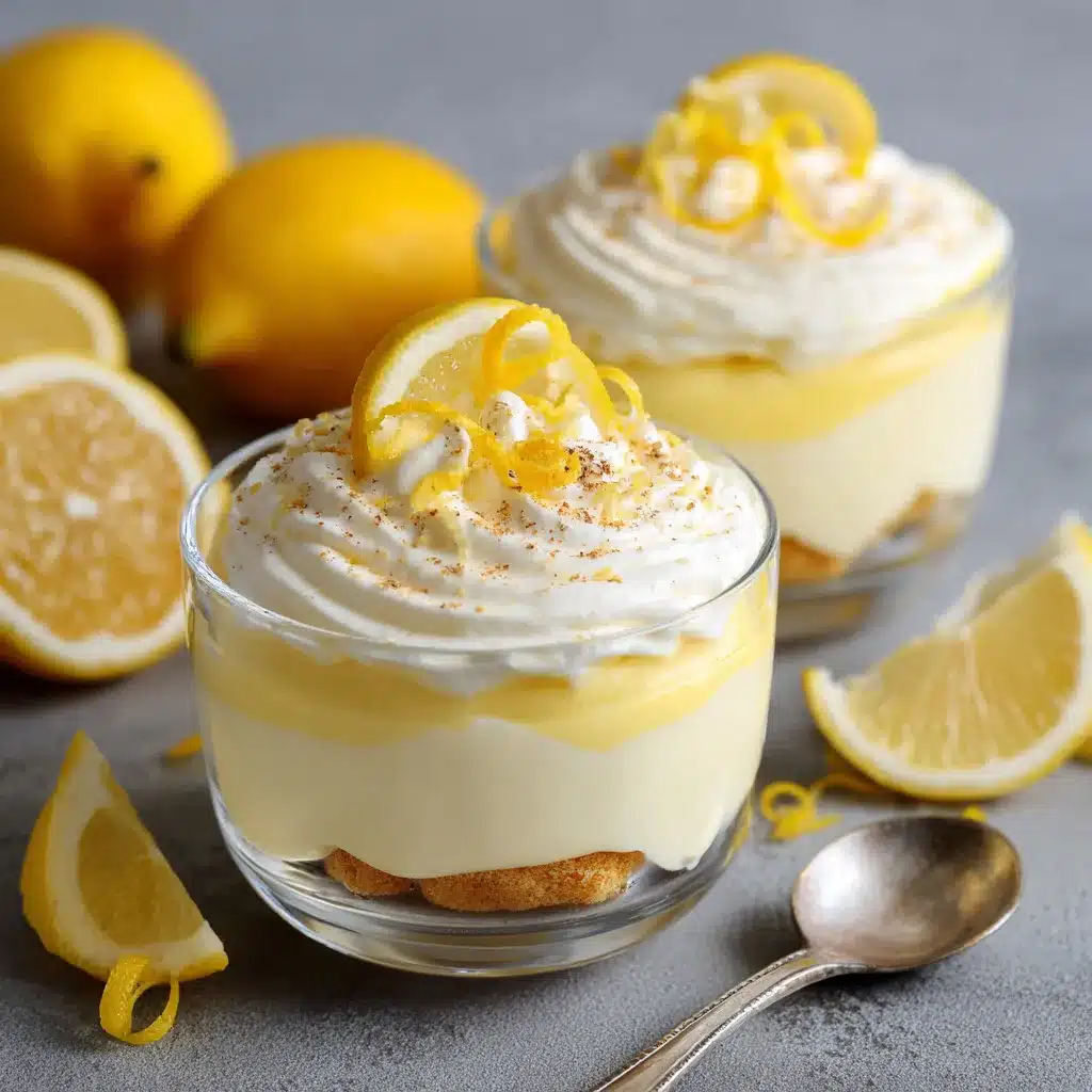 Vue en coupe d’un tiramisu au citron sans cuisson, aux couches visibles de crème au mascarpone et de lemon curd