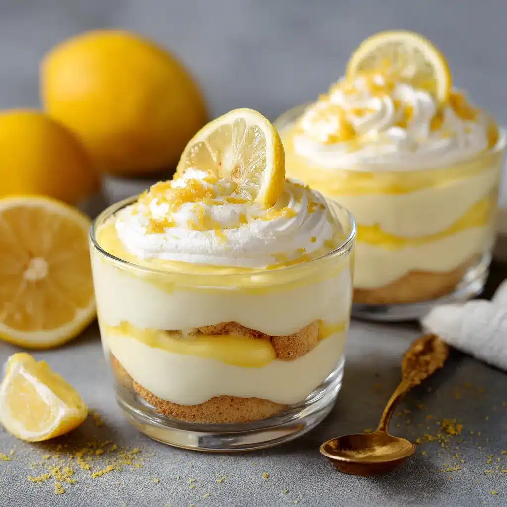 Vue en coupe d’un tiramisu au citron sans cuisson, aux couches visibles de crème au mascarpone et de lemon curd