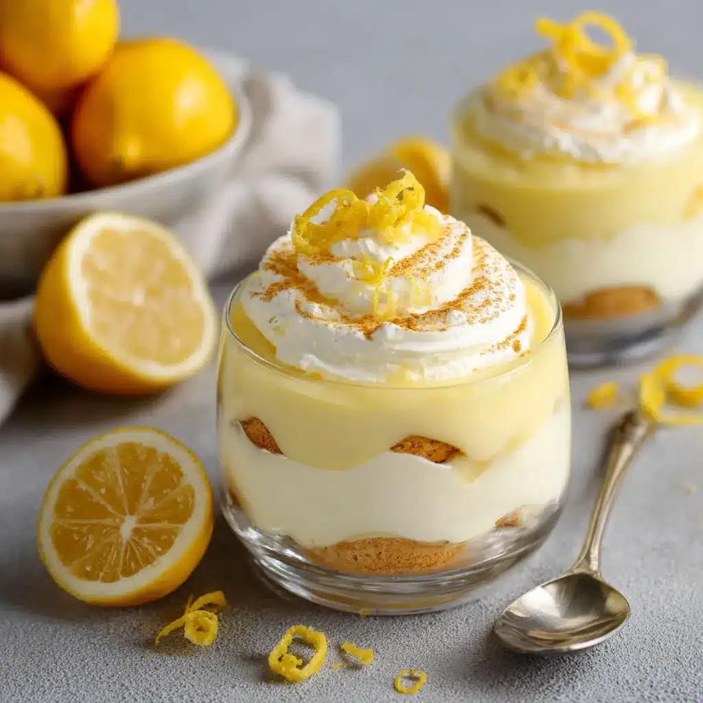 Vue en coupe d’un tiramisu au citron sans cuisson, aux couches visibles de crème au mascarpone et de lemon curd