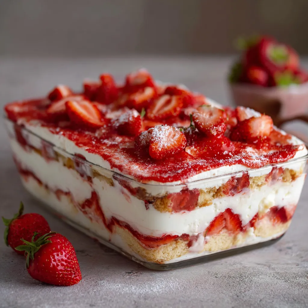 Tiramisu aux fraises en verrine avec crème rose et fraises fraîches en décoration