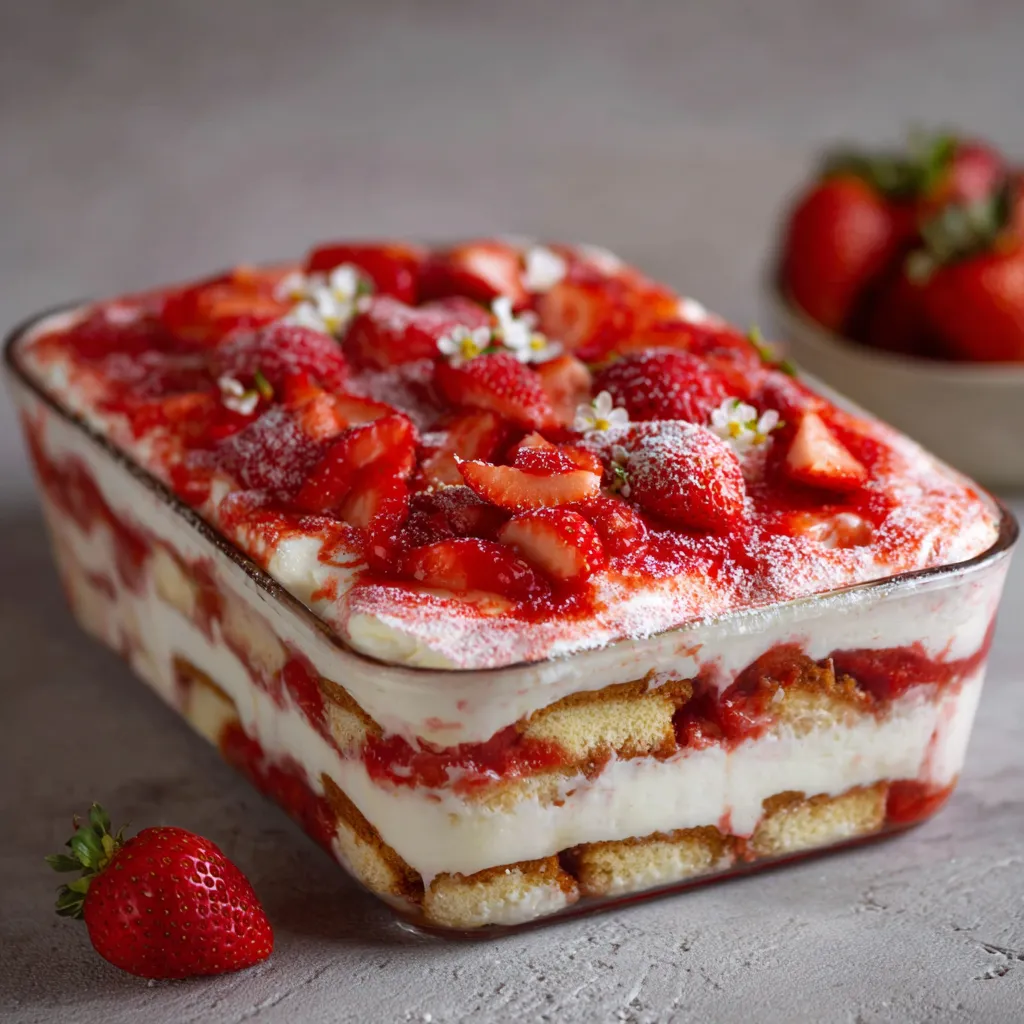 Tiramisu aux fraises en verrine avec crème rose et fraises fraîches en décoration