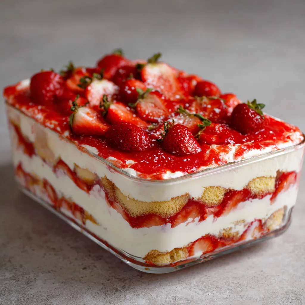 Tiramisu aux fraises en verrine avec crème rose et fraises fraîches en décoration