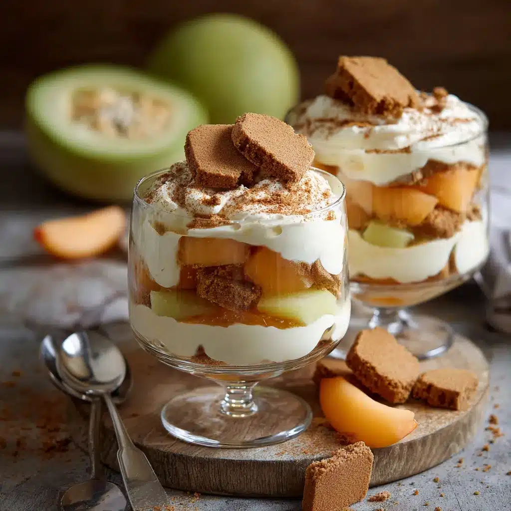 Verrine de tiramisu melon et spéculoos servie fraîche avec couches visibles de biscuits, melon et crème mascarpone