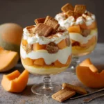 Verrine de tiramisu melon et spéculoos servie fraîche avec couches visibles de biscuits, melon et crème mascarpone