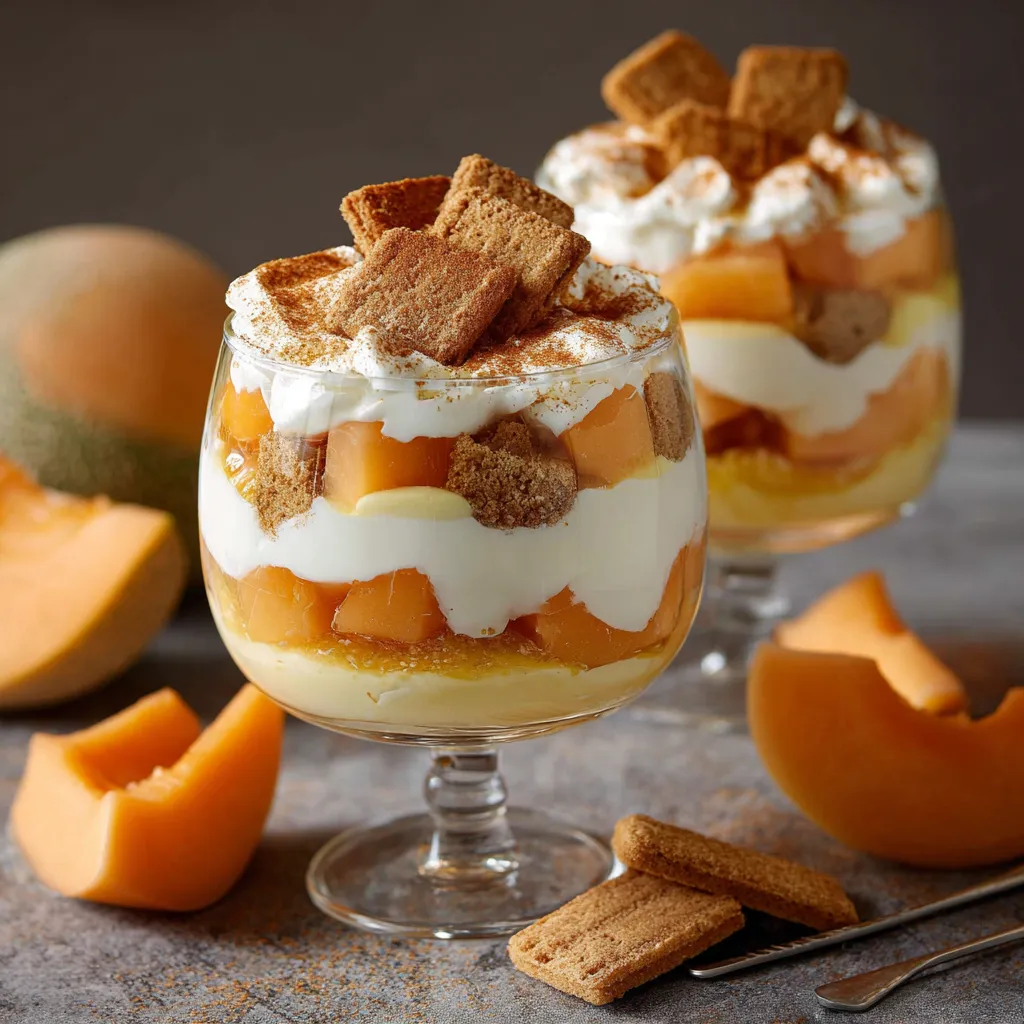 Verrine de tiramisu melon et spéculoos servie fraîche avec couches visibles de biscuits, melon et crème mascarpone