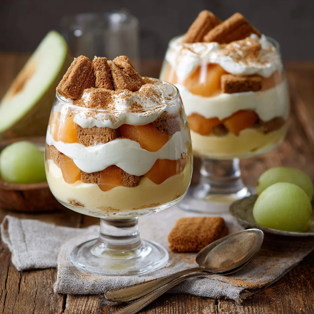 Verrine de tiramisu melon et spéculoos servie fraîche avec couches visibles de biscuits, melon et crème mascarpone