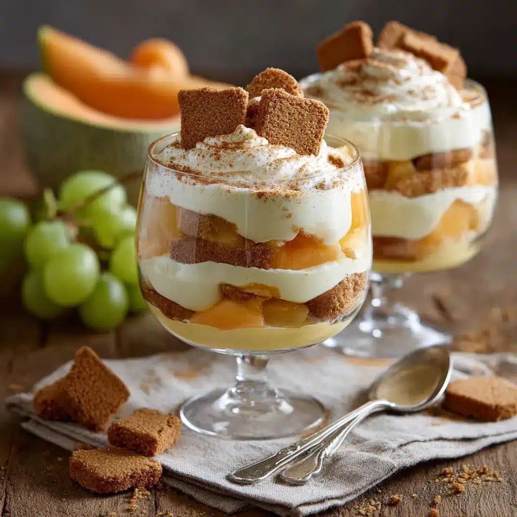 Verrine de tiramisu melon et spéculoos servie fraîche avec couches visibles de biscuits, melon et crème mascarpone