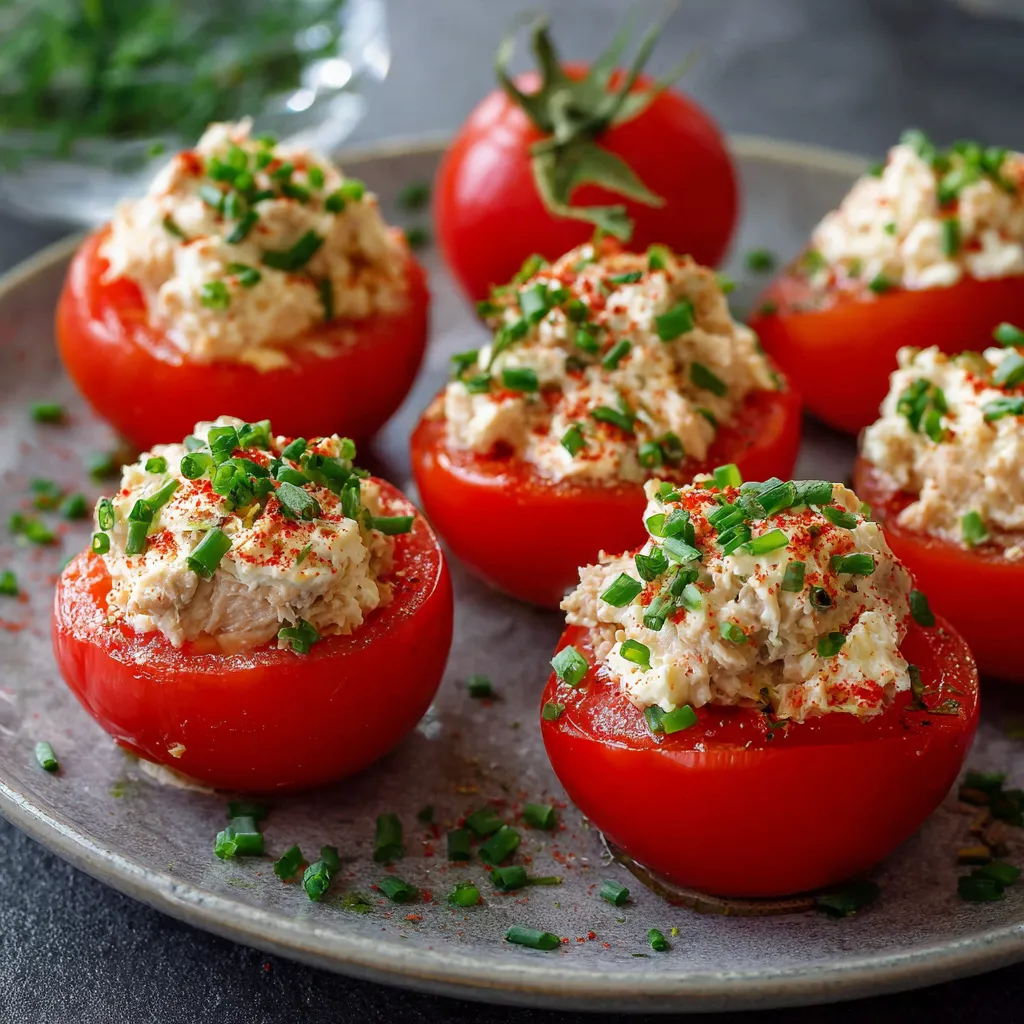 Tomates farcies à la mousse de thon servies fraîches sur une assiette décorée de ciboulette