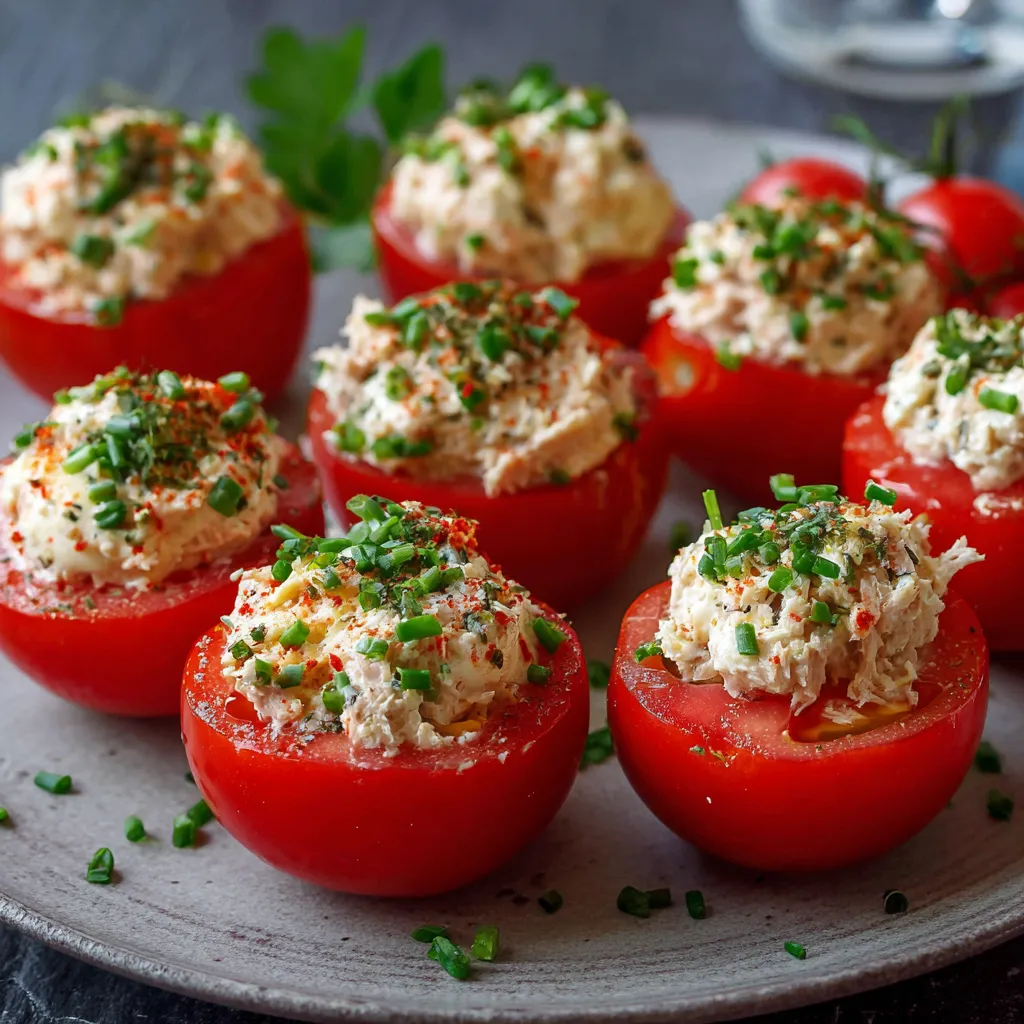 Tomates farcies à la mousse de thon servies fraîches sur une assiette décorée de ciboulette