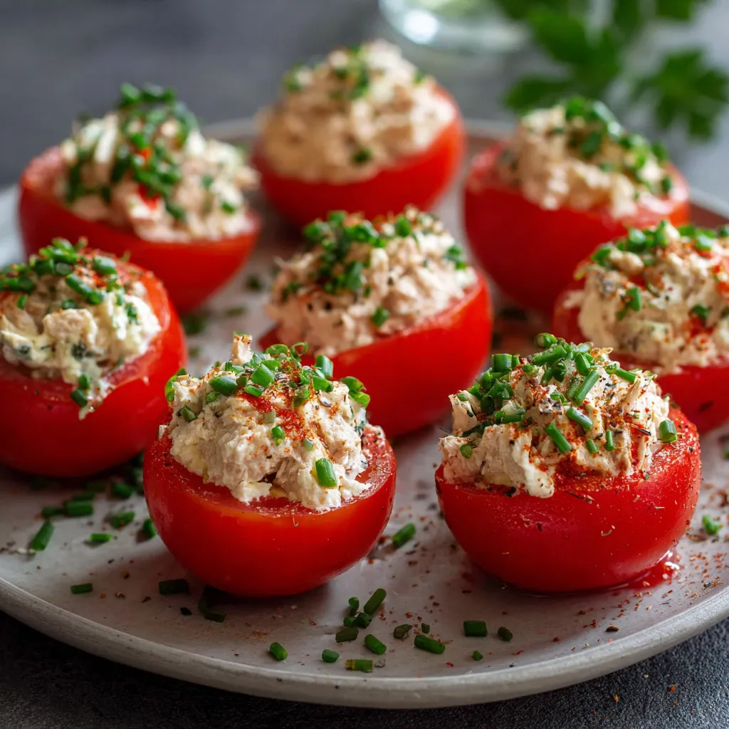 Tomates farcies à la mousse de thon servies fraîches sur une assiette décorée de ciboulette