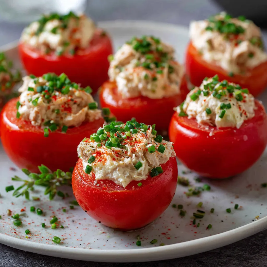 Tomates farcies à la mousse de thon servies fraîches sur une assiette décorée de ciboulette