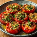 Tomates rôties à la provençale dorées au four dans un plat en céramique, garnies d’herbes et chapelure