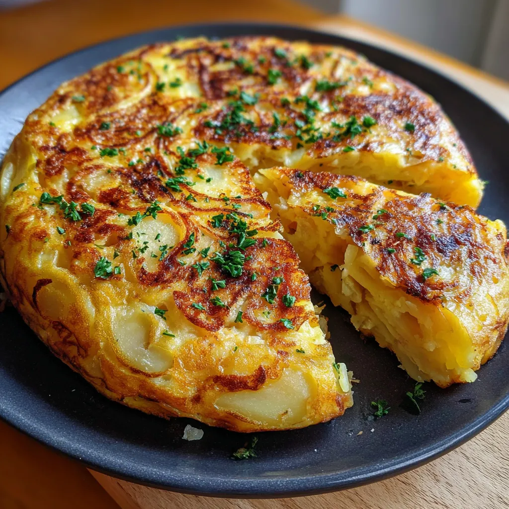 Tortilla espagnole dorée et moelleuse servie en parts sur une assiette