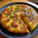 Tortilla espagnole dorée et moelleuse servie en parts sur une assiette