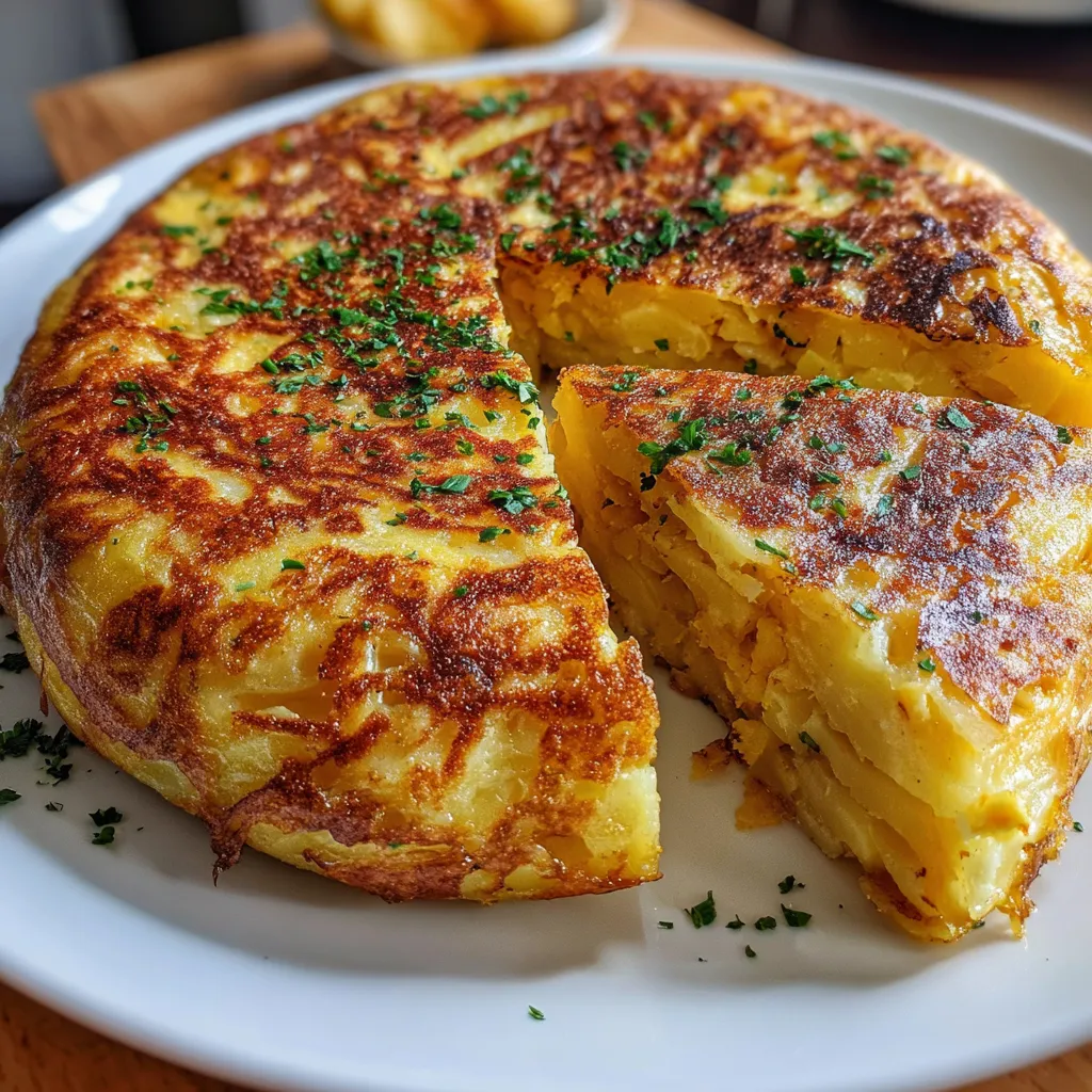 Tortilla espagnole dorée et moelleuse servie en parts sur une assiette