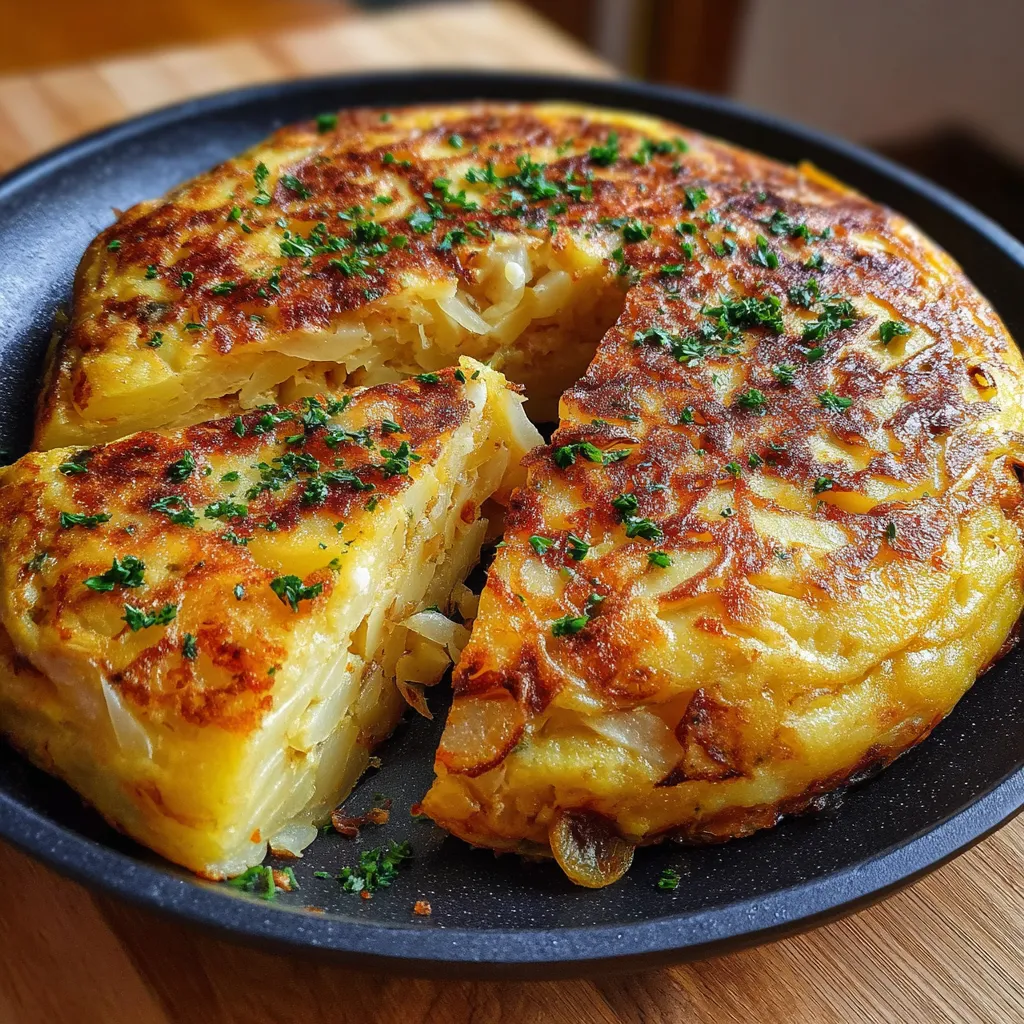 Tortilla espagnole dorée et moelleuse servie en parts sur une assiette