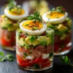Verrines fraîches avocat thon tomates œuf en couches colorées