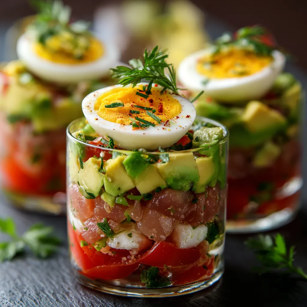 Verrines fraîches avocat thon tomates œuf en couches colorées
