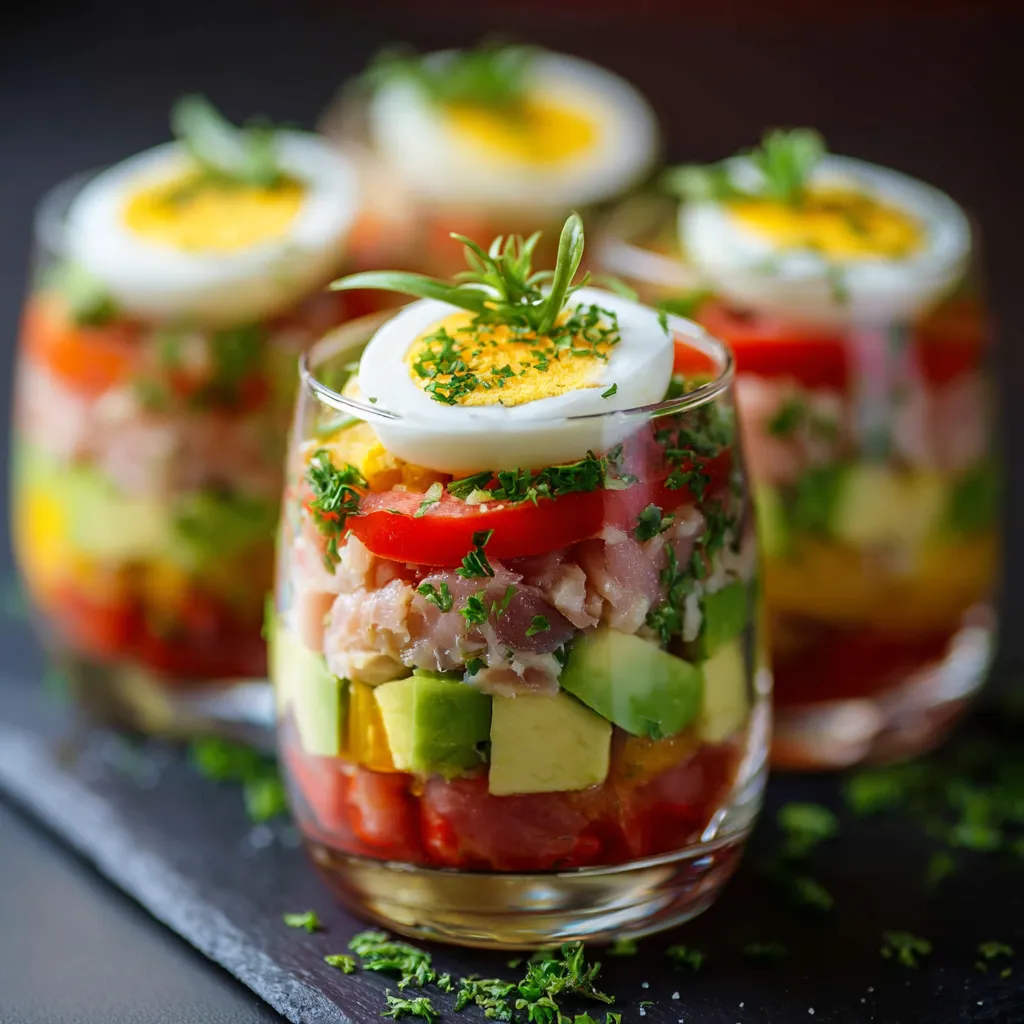 Verrines fraîches avocat thon tomates œuf en couches colorées