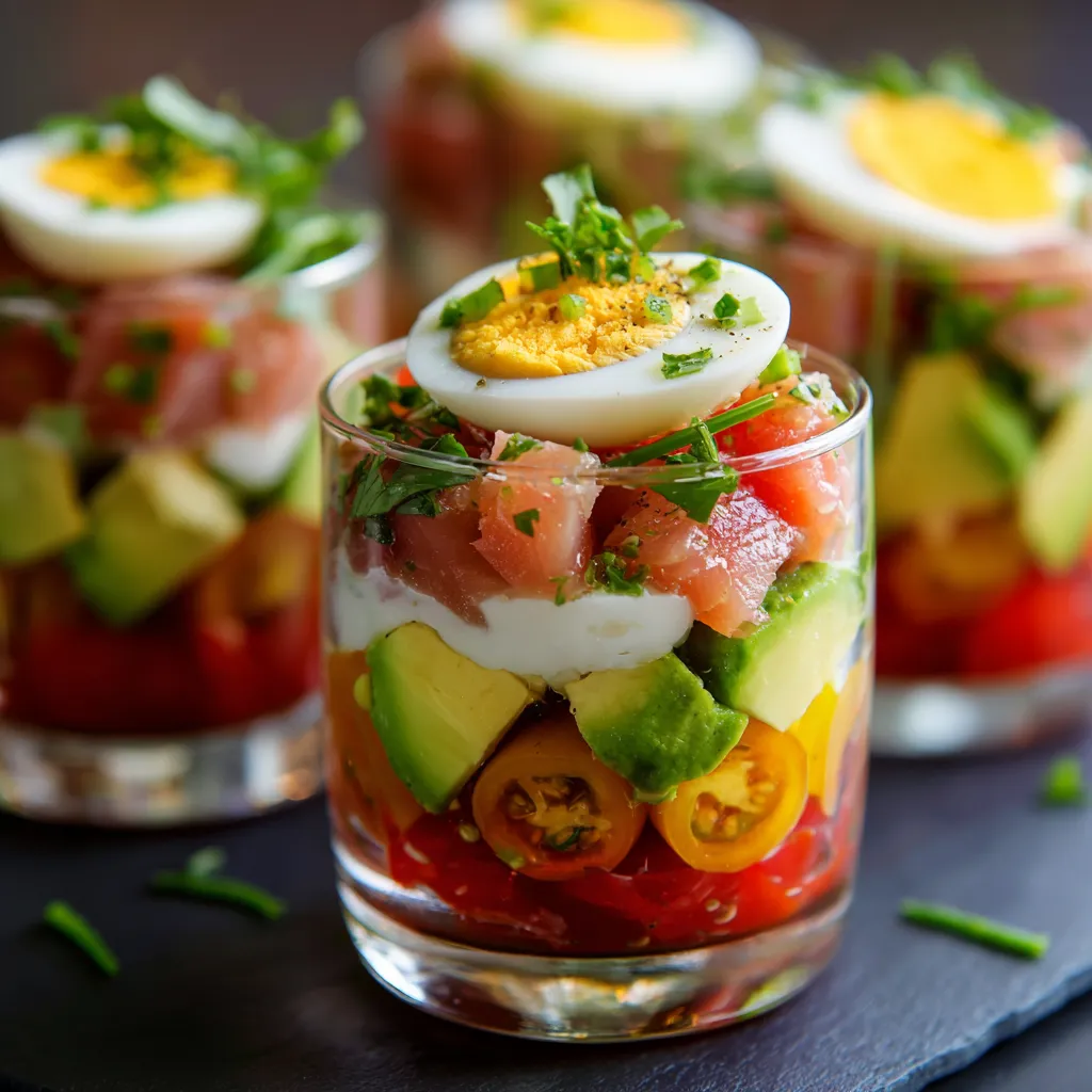 Verrines fraîches avocat thon tomates œuf en couches colorées