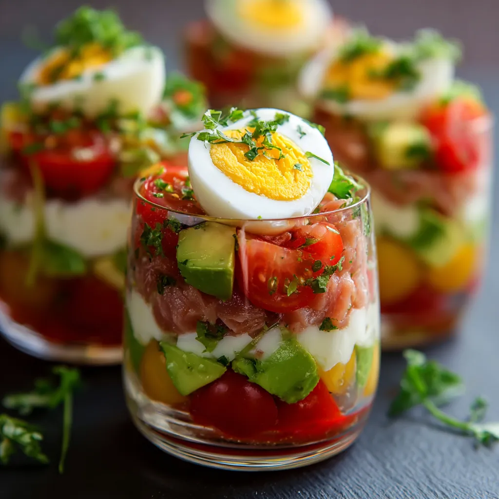 Verrines fraîches avocat thon tomates œuf en couches colorées