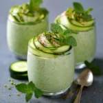 Verrine de mousse de courgette verte garnie de menthe fraîche, servie dans un petit verre transparent