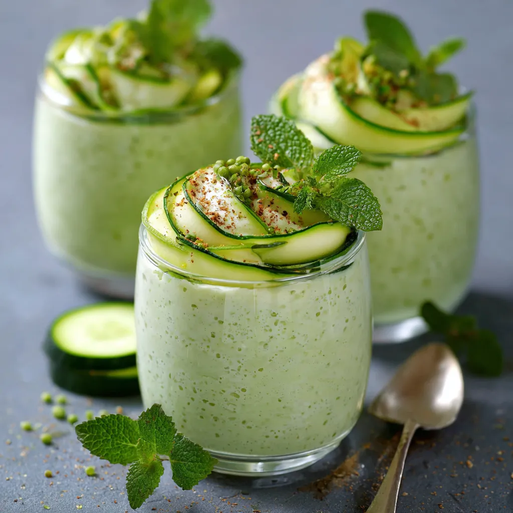 Verrine de mousse de courgette verte garnie de menthe fraîche, servie dans un petit verre transparent