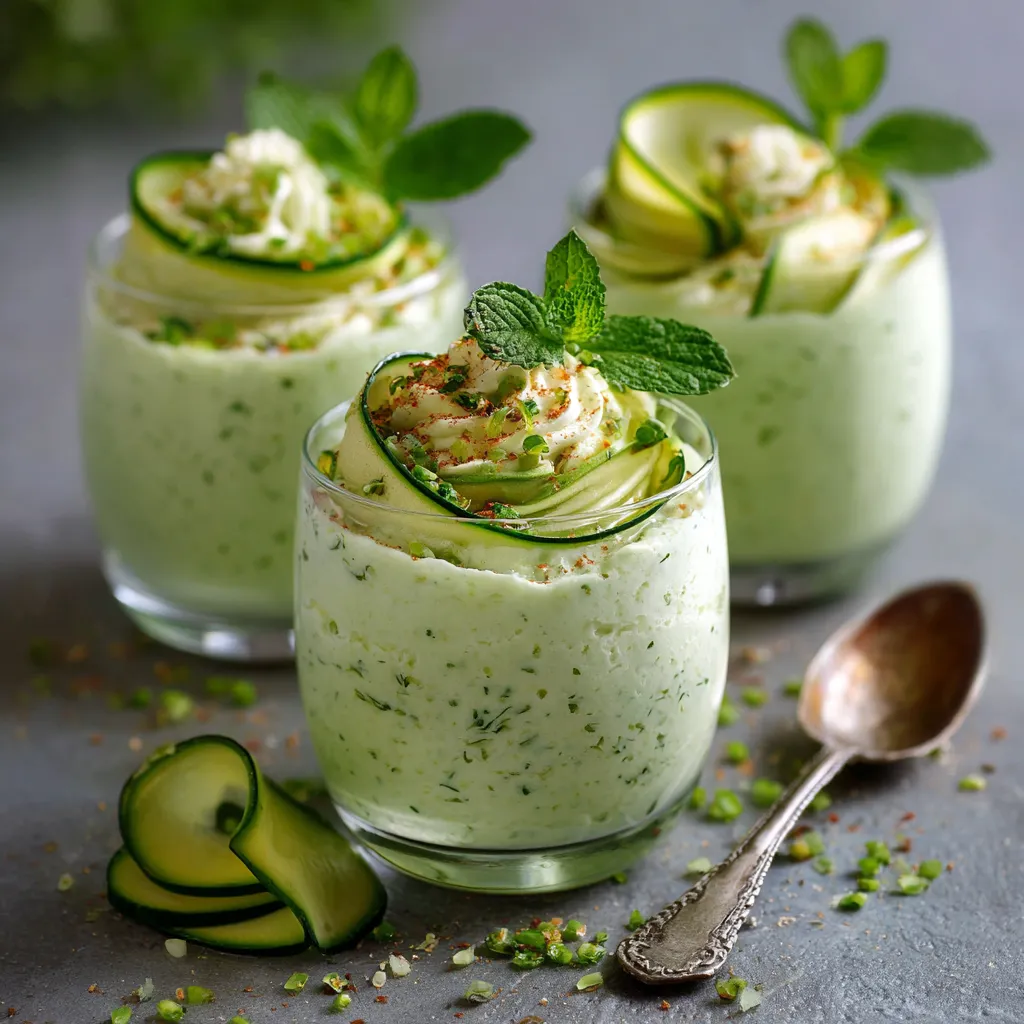 Verrine de mousse de courgette verte garnie de menthe fraîche, servie dans un petit verre transparent