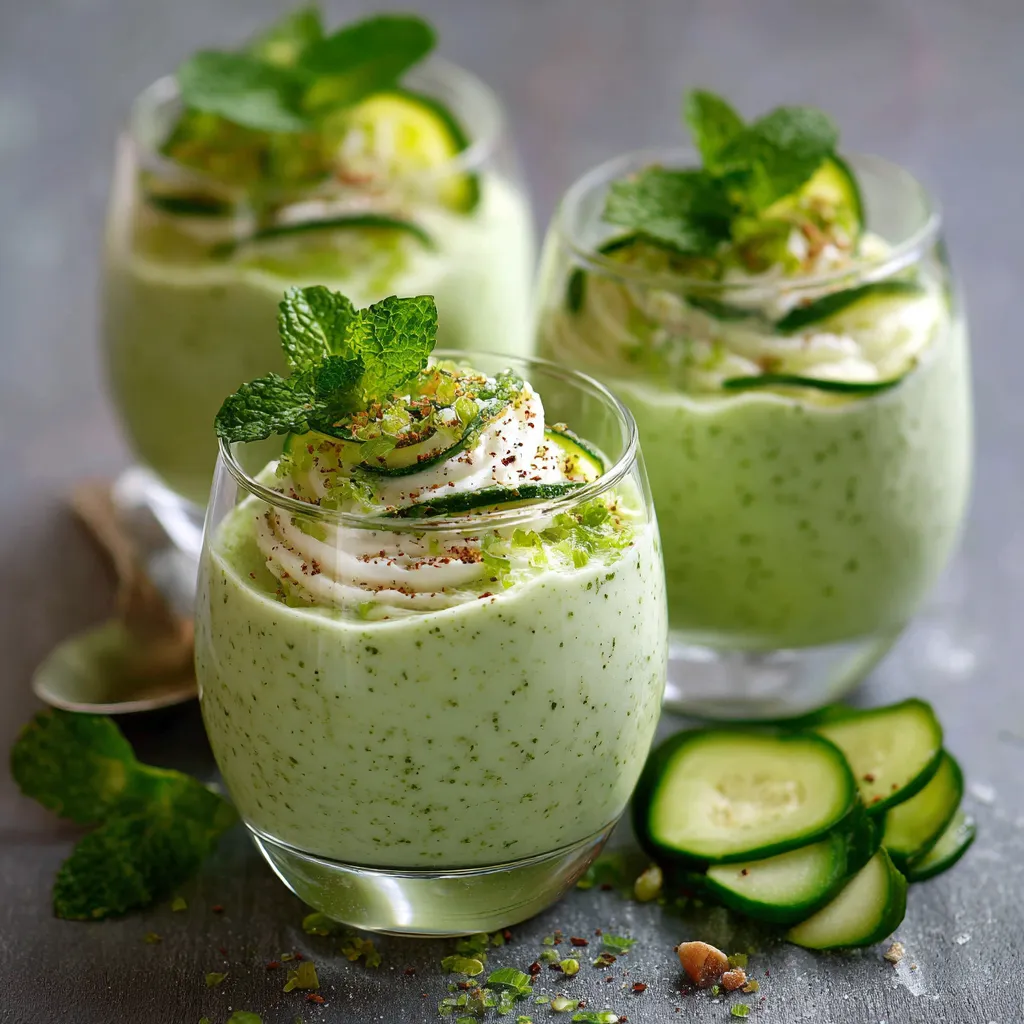 Verrine de mousse de courgette verte garnie de menthe fraîche, servie dans un petit verre transparent