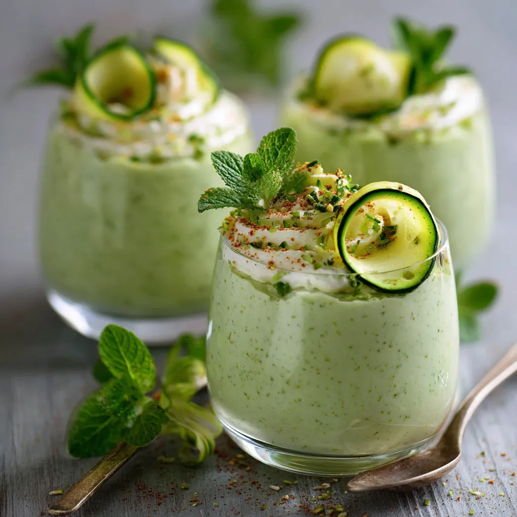 Verrine de mousse de courgette verte garnie de menthe fraîche, servie dans un petit verre transparent
