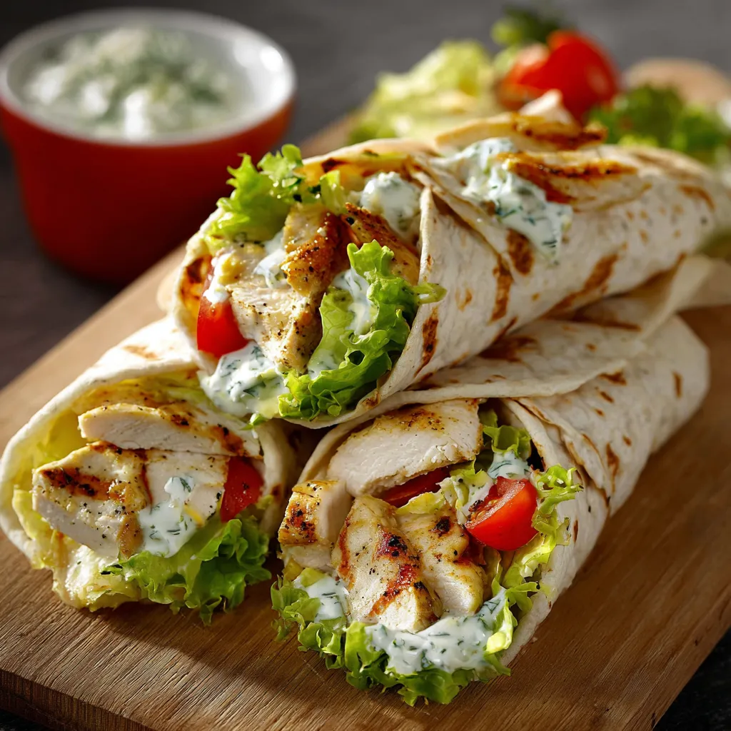 Wrap léger au poulet avec sauce fromage blanc et légumes frais