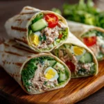 Wraps fraîcheur au thon œuf et concombre coupés en tronçons sur une assiette