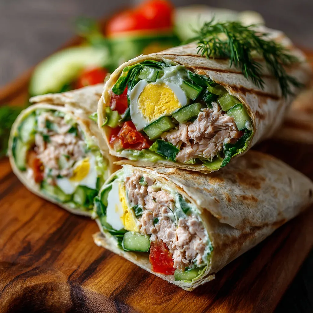 Wraps fraîcheur au thon œuf et concombre coupés en tronçons sur une assiette