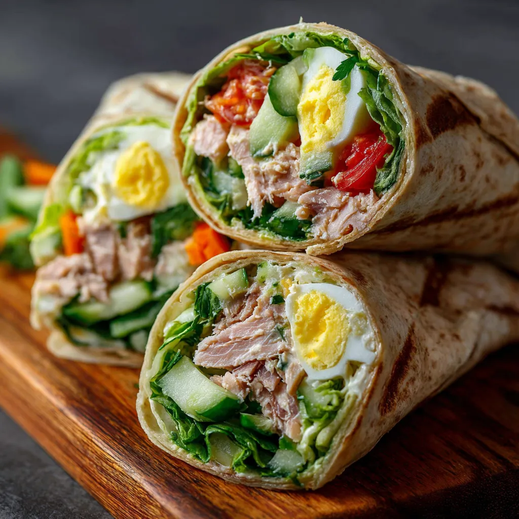 Wraps fraîcheur au thon œuf et concombre coupés en tronçons sur une assiette