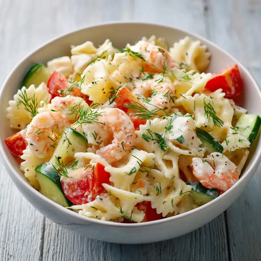 Salade de pâtes océane servie froide avec surimi, crevettes, tomate et concombre