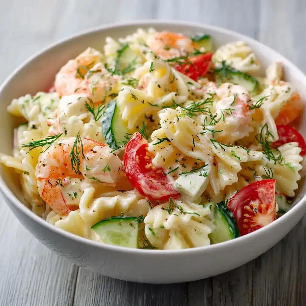 Salade de pâtes océane servie froide avec surimi, crevettes, tomate et concombre
