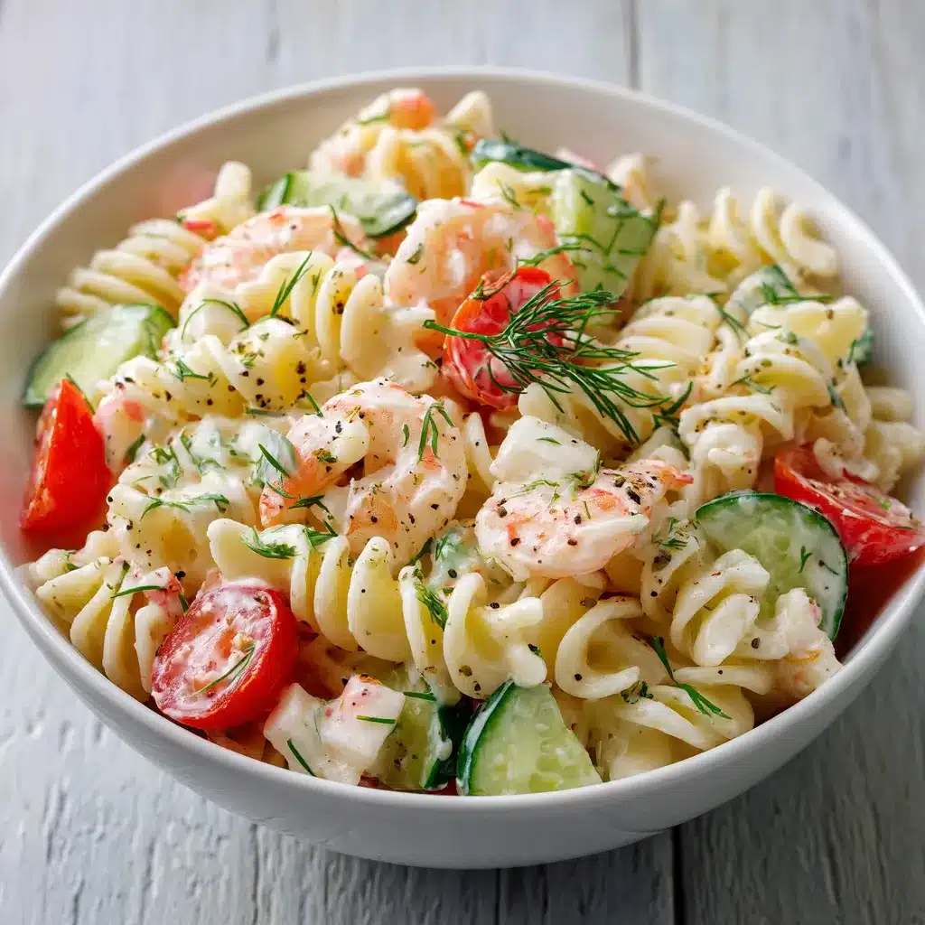 Salade de pâtes océane servie froide avec surimi, crevettes, tomate et concombre
