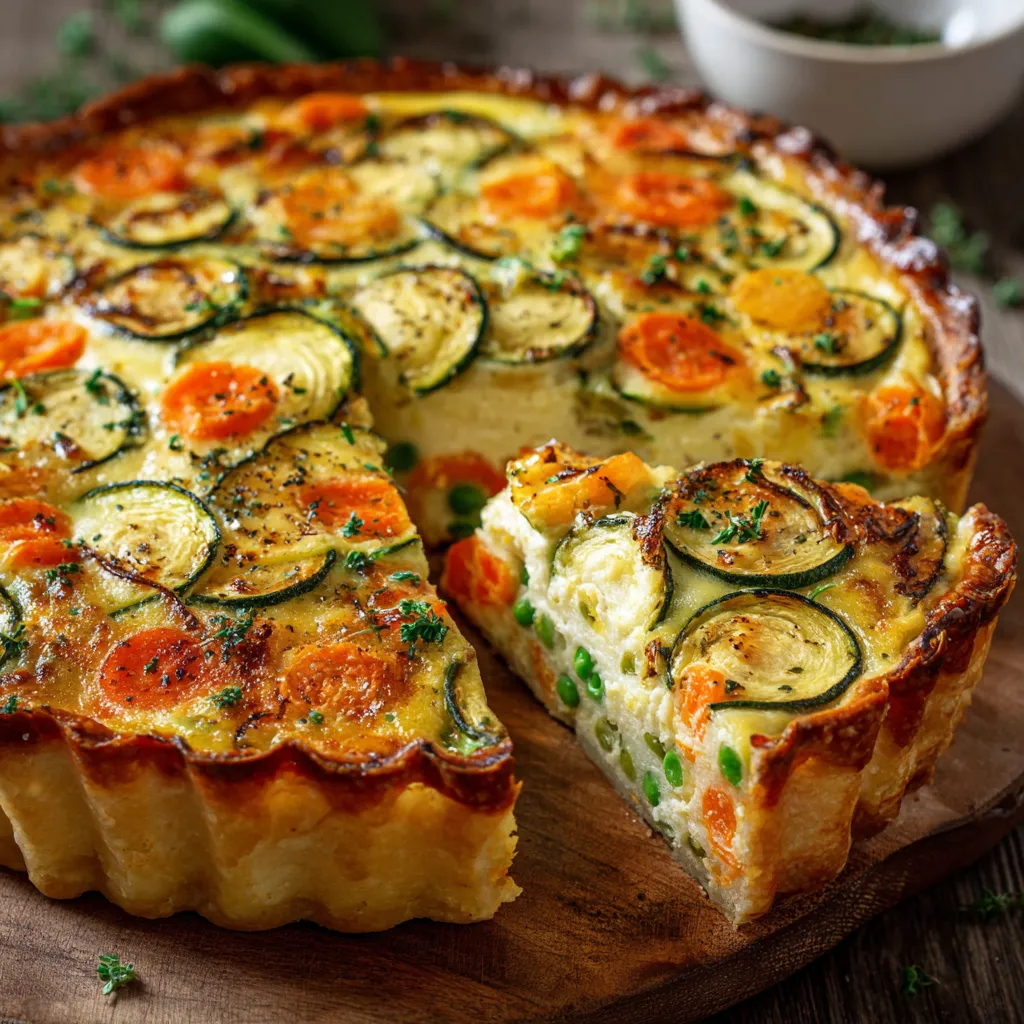 Tarte aux légumes maison dorée et colorée dans un moule à cake