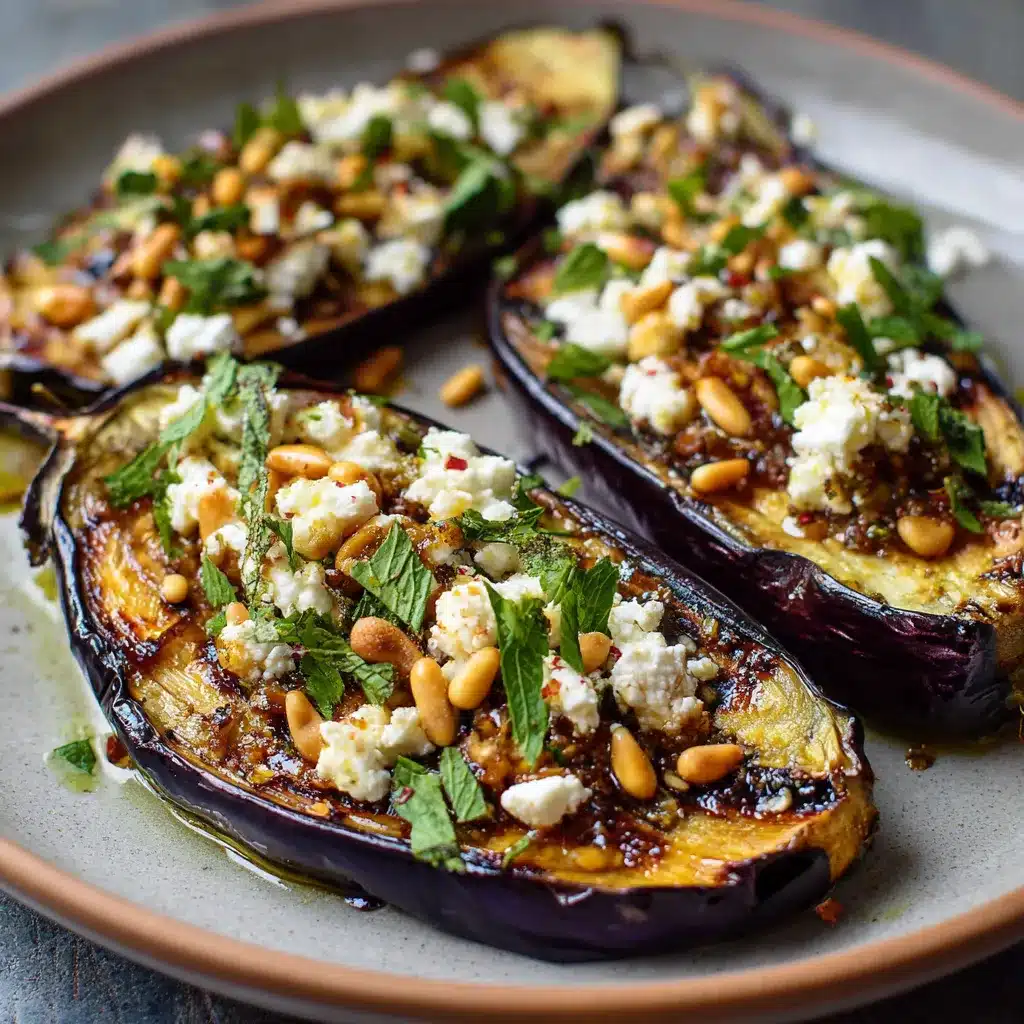 aubergines rôties garnies de feta émiettée et de pignons grillés sur assiette