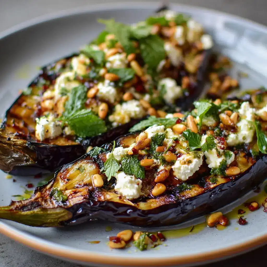 aubergines rôties garnies de feta émiettée et de pignons grillés sur assiette
