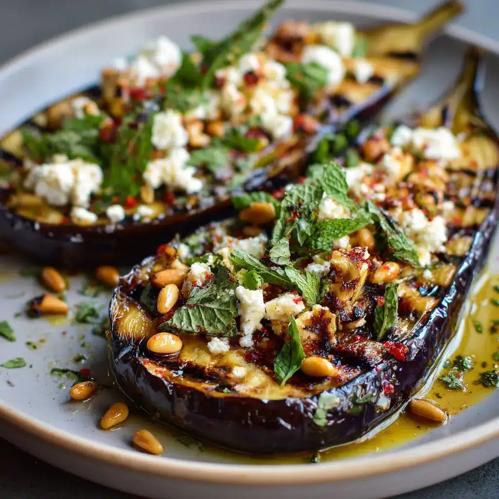 aubergines rôties garnies de feta émiettée et de pignons grillés sur assiette