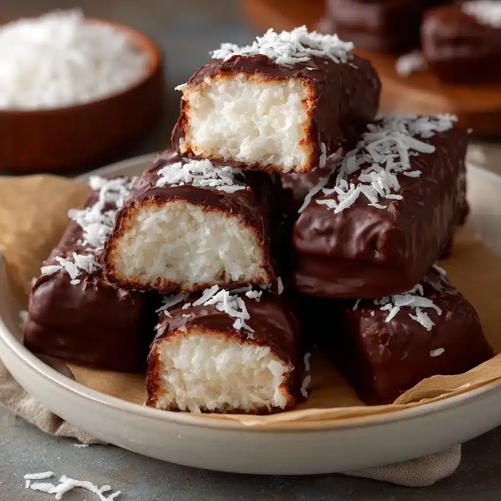 Barres façon Bounty maison enrobées de chocolat et garnies de noix de coco râpée.