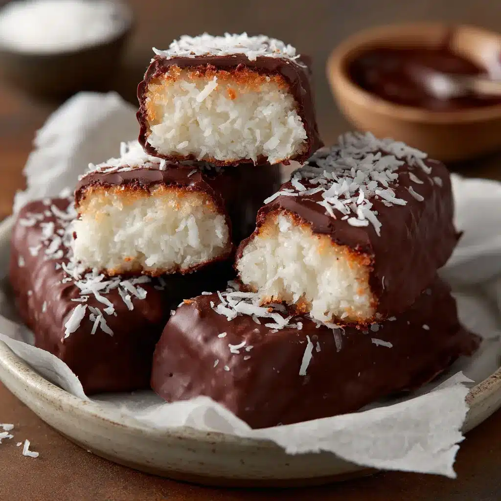 Barres façon Bounty maison enrobées de chocolat et garnies de noix de coco râpée.